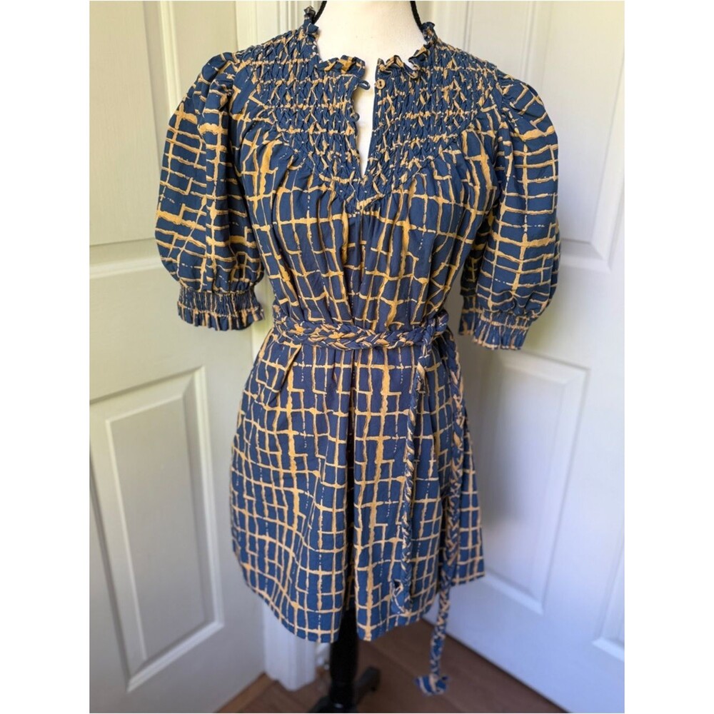 Olivia James The Label Blue Yellow Geometric Voile Bea Dress Small